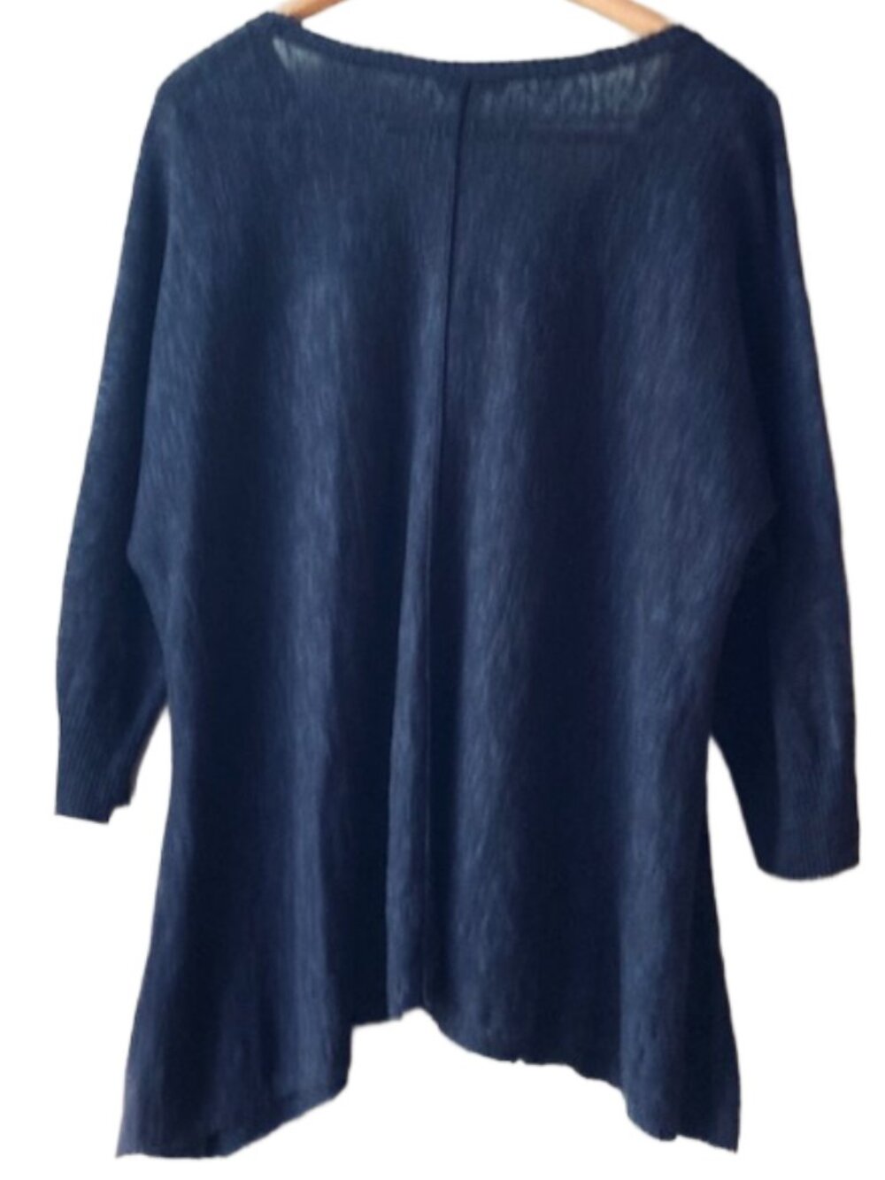 Eileen Fisher Navy Blue Linen/Cotton V-Neck Top Sz Large High Low Hem 3/4 Sleeve - Picture 5 of 6